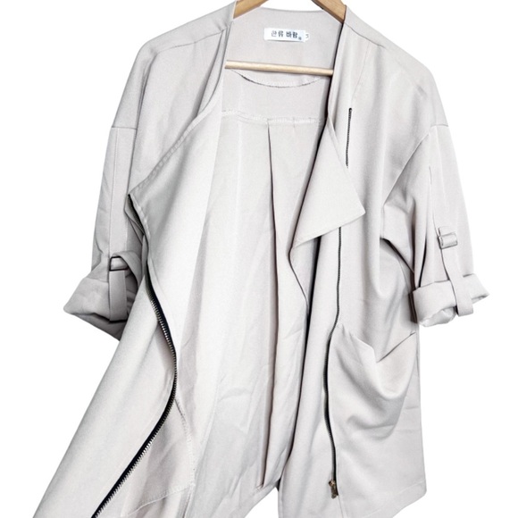 3/4 Sleeve Tan Solid Color Wide Collar Relaxed Duster Trench Coat Suit Jacket - Picture 10 of 16